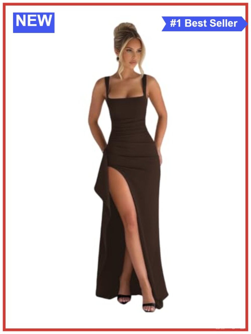 Square Neck Ruched Maxi Dress High Split Ruffle Bodycon Evening Gown